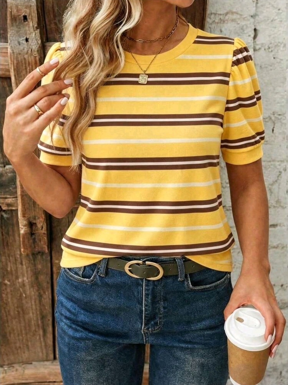 Striped Puff Sleeve Tee - Yellow